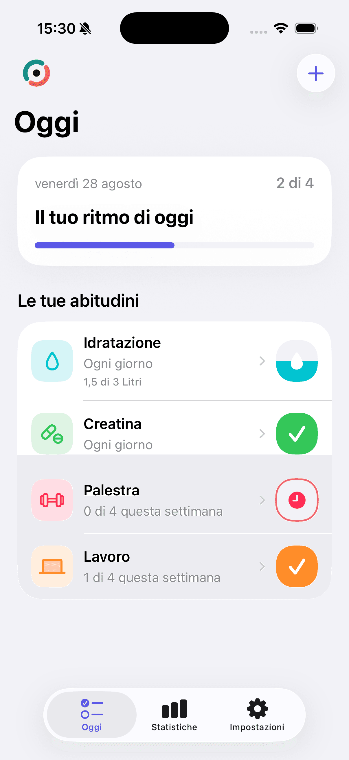 La schermata Oggi di Ritmo: progresso giornaliero e abitudini di idratazione, creatina, palestra e lavoro.